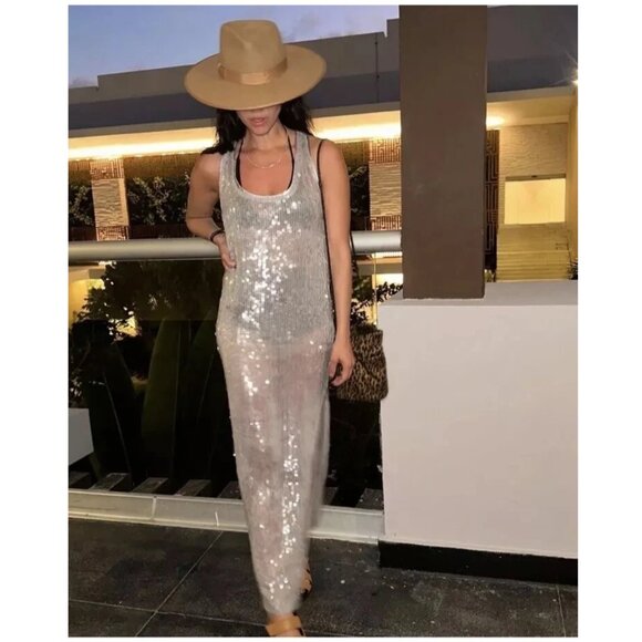 NEW! Zara | Sequin Racerback Maxi Dress In Silver - Picture 2 of 16